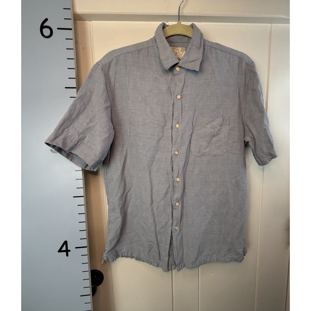 Tasso Elba Island Mens Medium Silk Linen Short Sleeve Button Down Blue Shirt